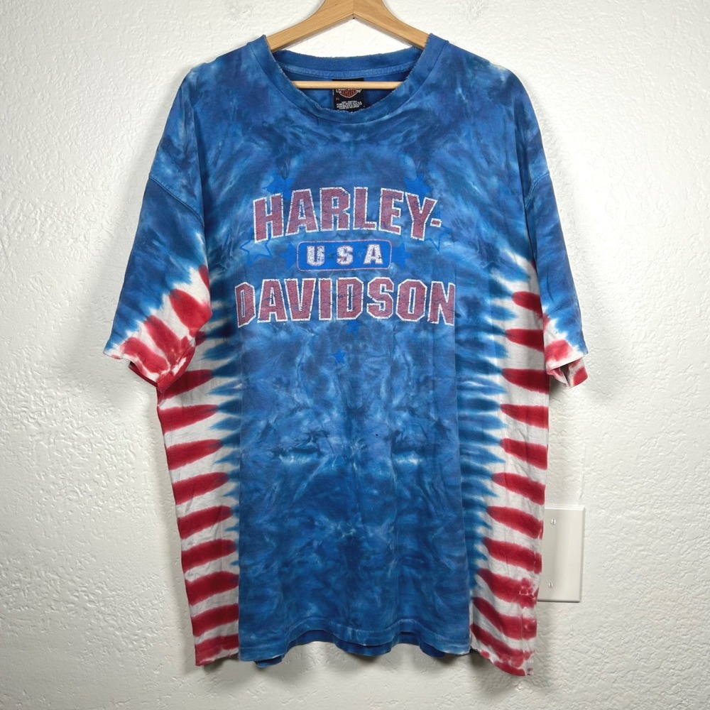 VTG Harley-Davidson Red White Blue Tie Dye T-Shirt Distressed Biker Size XL